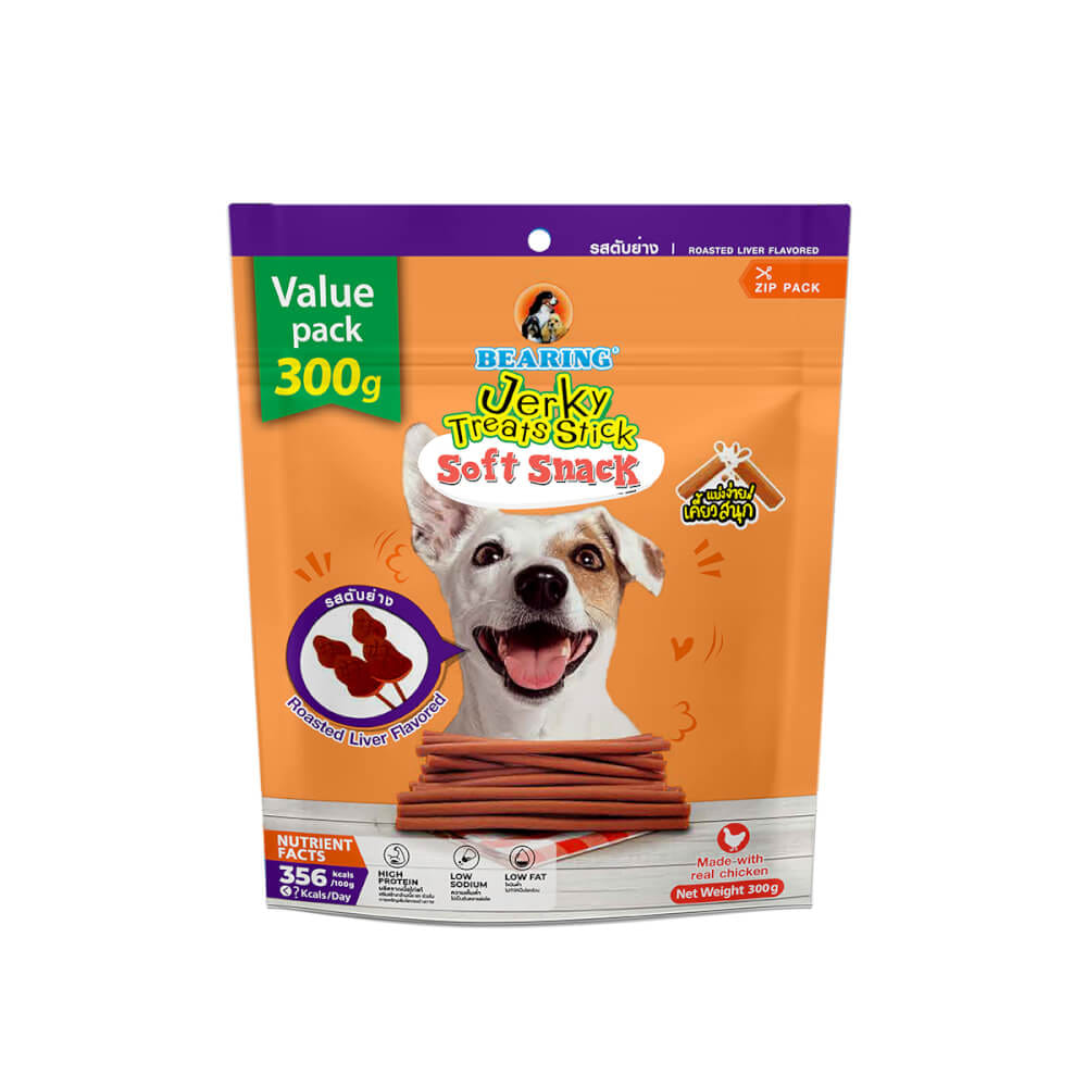ขนมสุนัข BEARING เนื้อไก่อัดแท่ง สูตร JERKY TREATS SOFT SNACK รสตับย่างขนาด 300G